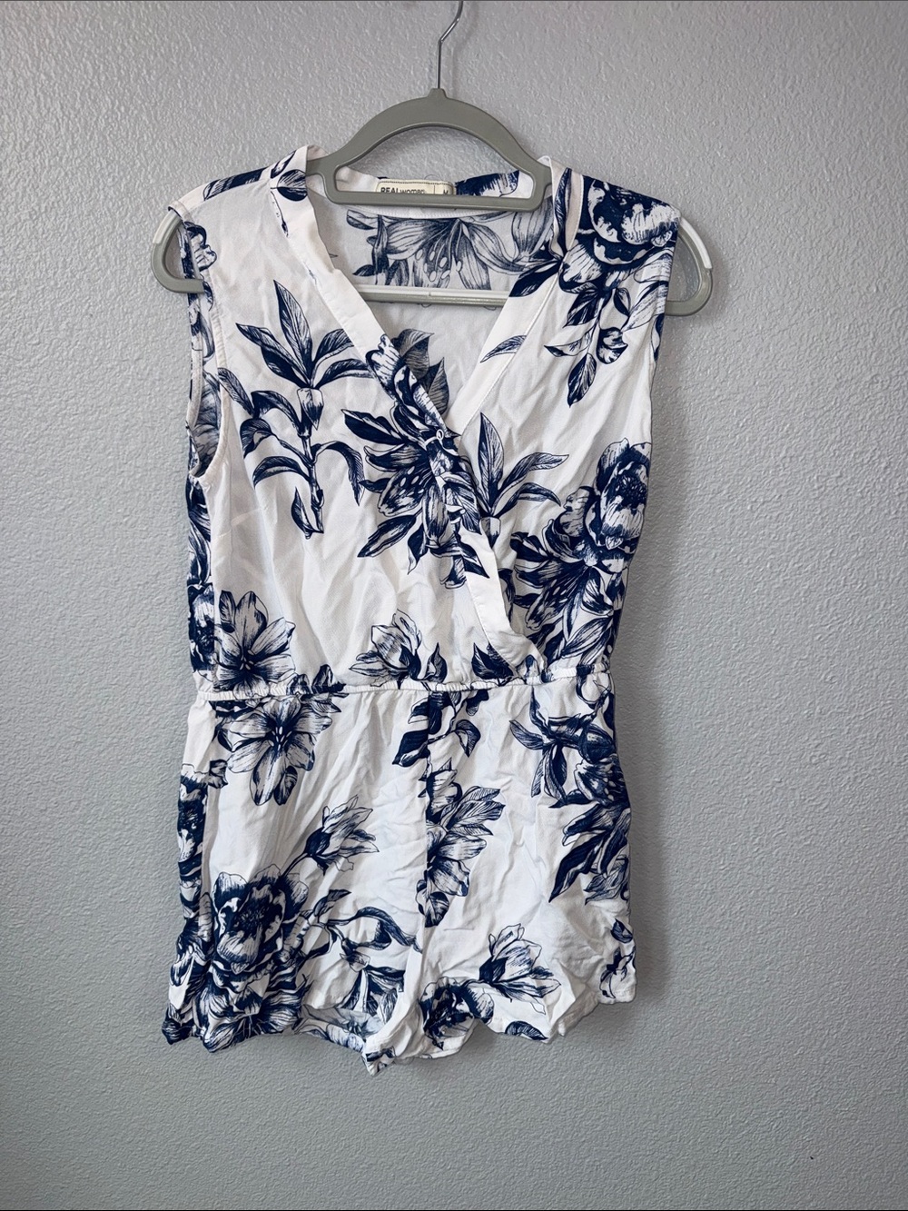 White & Navy Floral Sleeveless Romper